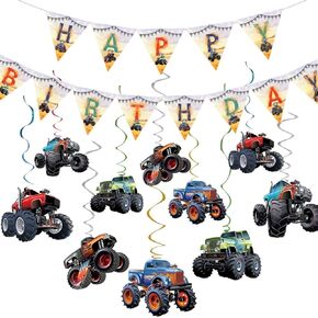 Monster Truck Party Pack: Triangle Banner, 10 Hanging Swirls Kids Birthday Decor