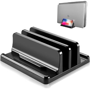 Vertical Laptop Stand, Adjustable Width Desktop Organizer for MacBook, iPad, iPhone, Black (Black)