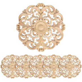 6 Pcs Decorative Wood Carved Appliques Onlays, 5.1 x 5.1 inch Unpainted Solid Wood Round Carving Decal for Furniture Cabinet Bed Wardrobe Closet DIY Decoration (Type 3)