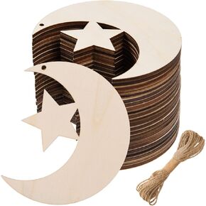 AWIZOM 48 Pcs Wooden Moon Star Cutouts Unfinished Wooden Moon Star Shape Ornaments Blank Wooden Moon Star Slices with 32.8 Ft Twine for DIY Craft Tags Wedding Birthday Baby Shower Hanging Decor,3.94"