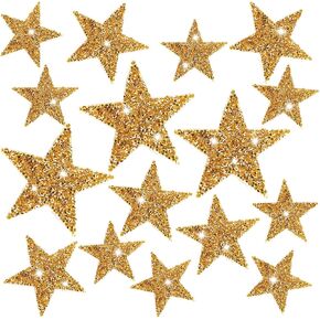 24pcs Star Iron on Patches, Gold Glitter Star Patches Sticky Five Pointed Star Applique Patches Star Sew On Embroidery Patches for Clothing Jeans Bags Hats DIY Crafts