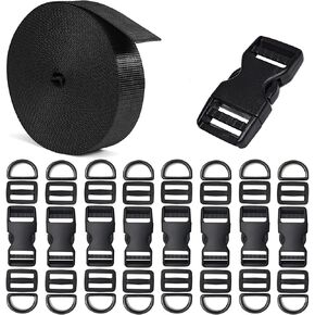 Buckles and Straps Set, 6 Yards Nylon Webbing 1 inch (25 mm) Wide, 8 pack Side Release Buckle, 16 pcs Tri-Glide Sliders, 16 pcs Metal D Rings, for DIY Luggage Strap, Backpack Replacement Repairing