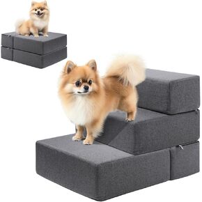 Dog Stairs Ramp for Beds and Sofas, Foldable Modular Pet Steps for Small Dogs, Non-Slip Durable Design with Washable Cover Gray (1 Set)