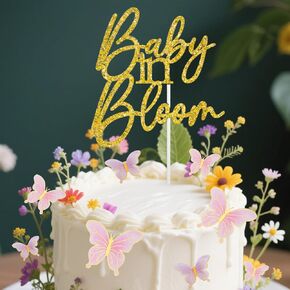 ALISSAR Baby in Bloom Cake Topper with Butterfly- Floral Baby Shower Cake Decorations, Flower Theme Gender Reveal Party Topper, Baby in Bloom Sign for Cupcakes & Cakes