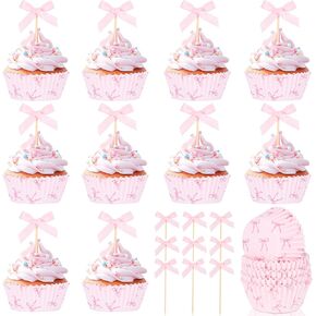 350 Pcs Pink Bow Cupcake Decoration Set Includes 300 Pcs Pink Bow Cupcake Liners Baking Cups with 50 Pcs Bowknot Cake Toppers Coquette Birthday Decorations for Baby Shower Wedding Party