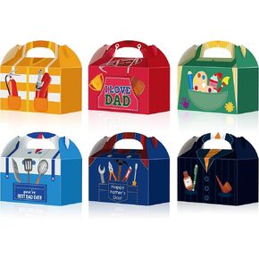 QOUBAI 24pcs Father's Day Gift Boxes Best Dad Paper Treat Boxes Happy Father’s Day Party Favors Box with Handle Decorations I Love Dad Candy Goodie Bags Party Supplies for Men Papa Grandpa(6 Styles)