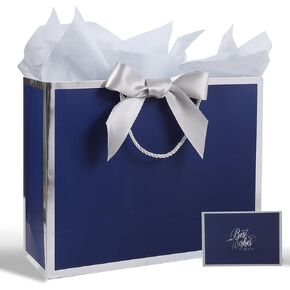13" Large Gift Bag with Ribbon, Greeting Card & 2 Tissue Paper（Matte Gold Foil Frame）for Birthdays, Weddings, Mother's Day, Bridal Showers, Retirements, Anniversaries, Engagements, Any Occasion（Khaki）