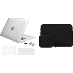 MOSISO Compatible with MacBook Air 15 inch Case 2023 A2941 M2, Sparkly Plastic Hard Case&Neoprene Sleeve Bag&Keyboard Cover&Screen Protector&Webcam Cover&Type C Adapter, Transparent&Black