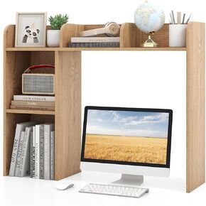 LDAILY Desktop Shelf, Multipurpose Wood Desk Hutch for Max 27" Computer Monitor, Countertop Storage Hutch with 5 Shelves, 3 Tier Desktop Display Rack for Dorm Office Home (Beige)