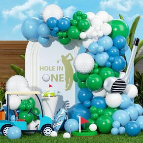 Hole in One Balloon Garland Arch Kit 131 Blue Green White Latex Balloons with Golf Cart and Golf Foil Balloons for Hole in One First Birthday Golf-Themed Retirement Party Decoration