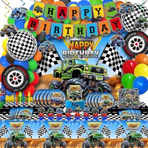 265 Pcs Truck Birthday Decorations, Machines Truck Party Decoration Supplies Includes Balloons Arch, Backdrop, Banner, Hanging Swirls, Tablecloth, Tableware, Cake Toppers and Stickers for Boys