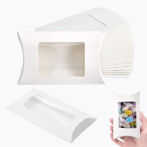 40 Pcs Pillow Gift Boxes with Windows,Kraft Paper Mini Pillow Packaging Box, Creative Favor Box Folding Treat Boxes with Clear Window for Bakery Candy Chocolate Jewelry Display Wedding Party Favor