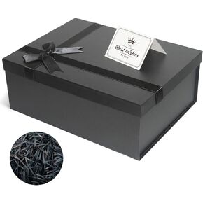Eerbaier Large Gift Box with Lid 13 x 9.9 x 5 Inches - Black Gift Wrap Box with Ribbon Row, Card & Shredded Paper Filler - Ideal Gift Box for Presents Wrapping