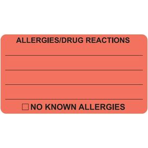 Allergies Drug Reactions Chart Label, Fluorescent Pink, 3-1/4" x 1-3/4", Permanent Adhesive, Medical Records, Patient Safety, 250 Stickers/Box, Doctor Stuff