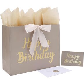13'' Large Birthday Gift Bag Set with Ribbon, Handles, Greeting Card, Tissue Papers and Stickers for Women Girls Men Boys, Gold Foil Happy Birthday Design, 1 Pcs