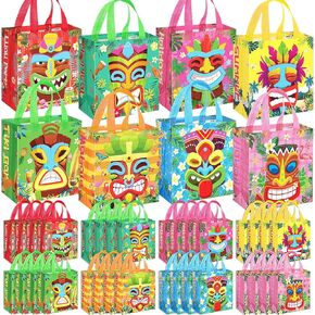 Riakrum 32 Pcs Hawaiian Luau Gift Bags Large, Reusable Non Woven Tiki goodie candy treat Bags with Handles Bulk, Summer Aloha Tropical Themed Party Favor Tote for Party Supplies