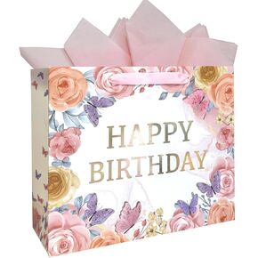 AMROSE 13'' Large Birthday Gift Bags with Card and Tissue Paper, Recyclable Paper Gift Bag for Birthdays and More, Rose and Butterfly