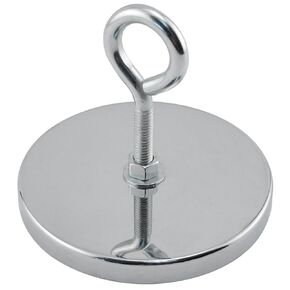 مغناطيس قاعدة دائري من Master Magnetics مزود بمسمار ذو عروة - قطر 4.90 بوصة، الارتفاع الإجمالي 4.187 بوصة، سحب 200 رطل، كروم، RB100EB