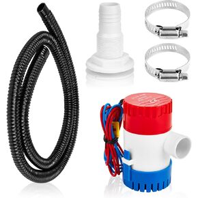 Non-automatic 0.98 Inch Bilge Pump kit for Boats,12V 1100GPH Bilge Pumps with 6 ft/1.8 meters Bilge Pump Hose,2pcs Stainless Steel Clamps and Thru Hull Fitting, Boat Bilge Pump for Speedboats,Yachts