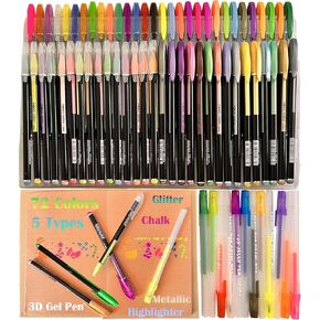 Gel Pens Set with 5 Distinct Pens 72 Colors, Glitter Gel Pens for Coloring, Color Pens for Teens, Art Supplies include Glitter, Metallic, Chalk, Highlighter, and 3D Acrylic Gel Pens