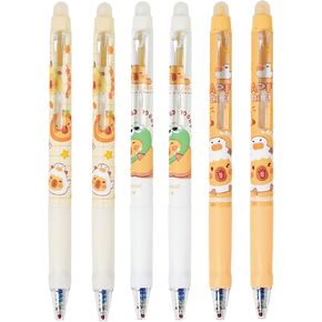 6 Pcs Cute Erasable Gel Pens Retractable Erasable Pens Cartoon Capybara Pen 0.5mm Fine Point Black Ink Writing Pen for Women Girls Boy Office School Supplies (Capybara-Black Ink)