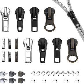 39 Pcs Zipper Repair Kit Zipper Pull Replacement - Instant Replacement Slider Multipack Slider Teeth for Backpacks, Tents, Jackets, and Luggage (Black, Silver, Bronze)