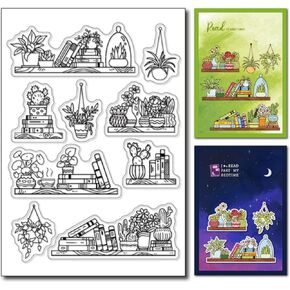 Arbuya Bookshelf Clear Stamps for Planners Journals Books Plants Rubber Stamps for Back to School Books Reading Journals Scrapbooking Decoration
