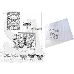 Tim Holtz Stampers Anonymous Classics #17 Cling Stamp Set (CM017), Butterflies and Dragonfly Images, Field Notes Text and More, Curations March 2025 Collection, Carnora Mesh Storage Bag