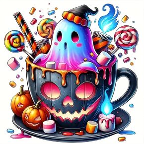 Ghost Pumpkin Cup Diamond Art Kits for Adults, 5D Halloween Diamond Painting Kits for Adults Beginners, DIY Full Round Drill Diamond Dot Painting Gem Art Kits for Adult, Home Wall Decor 13.8x13.8 Inch