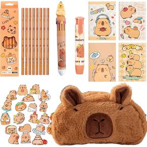 Cute Capybara Pencil Case Pencil Holder Pencil Bag Gift Set Includes Pencil Case, Capybara Ball-Point Pen, Pencil, Mini Notebook, Stickers and Capybara Erasers (Furry Capybara Pencil Case Set)