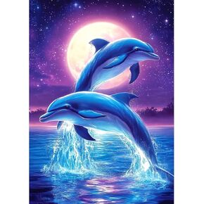 MXJSUA Jumping Dolphins DIY Diamond Painting by Number Kits for Adults, Animal 5D Round Drill Diamond Gem Art Painting Picture Arts Kits Craft for Home Wall Decor 12x16 Inch