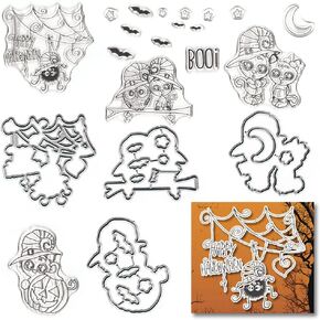 Halloween Stamps and Dies for Card Making, Spider Web Bat Clear Stamp Owl Moon Cutting Dies Star Stamps for Holiday Card Making Pimpkin Words Clear Stamps for DIY Scrapbooking Album Decor Paper Craft