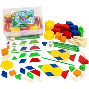 Kids First Math: Pattern Blocks Math Kit w/Activity Cards | 250 Colorful Plastic Geometric Blocks | Explore Geometry, Shapes, Division, Fractions & More | at-Home or Classroom Learning, Ages 3+