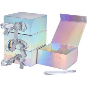 4 Pack 8x8x4 Inches Gift Boxes with Magnetic Closure Lids, Rainbow Silver Magnetic Box for Wedding, Groomsmen Bridesmaid Proposal, Birthdays, Mother's Day