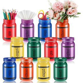 12 Pcs Teacher Pencil Holder for Classroom Back to School Crayon Painted Glass Mason Jar Bulk Lid Tissue Can Teacher Appreciation Gifts for Pencil Flower Storage School Classroom Decoration
