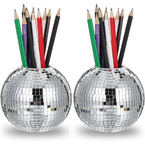 4 Inch 2PCS Disco Ball Pencil Pen Holder for Desk Accessories Sequin Plastic Makeup Brush Holder Organizer Multifunctional Pencil Cup Disco Flower Vase for Home Office Classroom Decor (Silver)