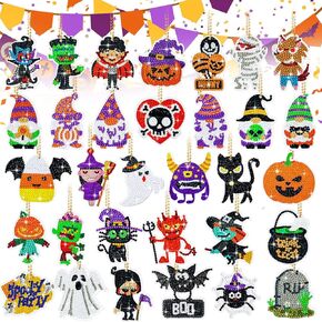 Bucherry 32 Pieces Halloween DIY Diamond Key Chain Halloween Diamond Art Ornaments Rhinestone Pendant Hanging Decor for Halloween DIY (Scary Style)