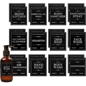 24 Pcs Black Waterproof Labels for Plastic or Glass Bottles, Removable Waterproof Labels for Bottles Bathroom, Hand Soap Shampoo Dispenser Label Sticker Label for Soap, Lotion, Shampoo and Conditioner