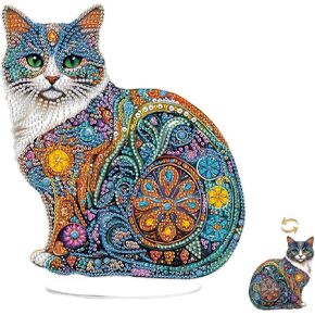 Eiflow Tabletop Diamond Art Kit Cat, Desktop Diamonds Painting Board Kit for Adults, DIY Stand Up Acrylic Gem Art Craft Placement Ornament Animal