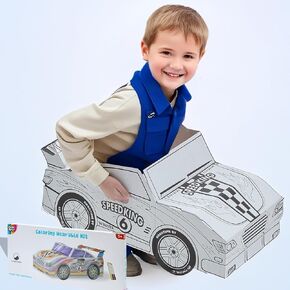 OLYMPE STORE Cardboard Car for Kids - DIY Playhouse & Coloring Activity | Large Pretend Play Vehicle - Recyclable & Eco-Friendly | Great Gift for Boys & Girls Ages 3-8