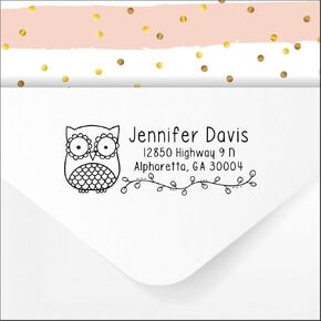 Owl Self Inking Return Address Stamp, Custom Personalized Rubber Stamper pre Inked with Black Ink - for Wedding Invitations, Christmas Holiday Cards, Teachers, Business Mail