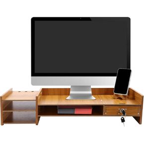 Wood Monitor Stand with Drawer, Computer Monitor Office Desk Stand Accessories Wooden Monitor Riser for Desk Multi-Purpose Desktop Storage Stand for Computer, iMac, Printer, TV (25.2*7.87*5.33in)