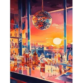 QENSPE Retro Cocktail Paint by Numbers Kit for Adults,Sunset Arcylic Painting Kits for Adults,Canvas Painting Kit for Beginners,DIY Oil Painting Kits Art Crafts for Gift, Home Wall Decor 12x16 Inch