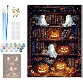 Halloween Paint by Numbers Kits for Adults Beginner with Framed Canvas, Ghost Pumpkins Color by Number, Easy Adult Paint by Numbers Painting Kit, Acrylic Arts and Crafts for Home Wall Decor 8x12inch