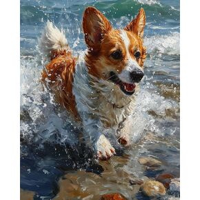 VNUIEHG Paint by Numbers, Corgi Bouncing on The Beach, Adult Crafts Adult Paint by Number Kits, Arts Crafts for Home Decor(No Frame, 16x20 inch)