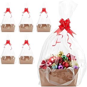 Meecuppa 5 Pcs Brown Basket for Gifts Empty DIY Bulk Party Basket Kit with Handles with 5 Bag 5 Bow Market Tray for Gift Packages Wrapping Anniversary Birthday Wedding Party Gift(12 x 9 x 5.7 In)