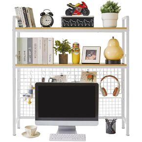 2-Tier Desktop Hutch Bookshelf, Metal Desktop Organizer Shelf for Computer Desk, Adjustable Desk Shelf Bookcase with Grid Panel and Hook, Desktop Display Rack for Home Office Dorm