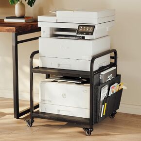 2-Tier Large Under Desk Printer Stand with Storage, Printer Table with Height Adjustable Shelf & Charging Plug, Rolling Cart with Wheels for Home Office(Pearl White)