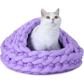Handwoven Cat Beds for Indoor Cats, 20in Flexible Cat Cave - Turns into Tent, Nest or Pad, Washable Chunky Yarn Kitten & Small Pet Bed, Cream