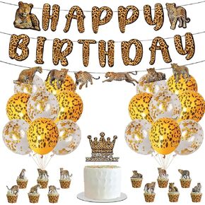 Cheetah Leopard Print Theme Banner Set,Cheetah Party Decorations Leopard Birthday Decorations Set, Cheetah Party Supplies Includes Birthday Banner, Cake Topper, Cupcake Toppers, Latex Balloons